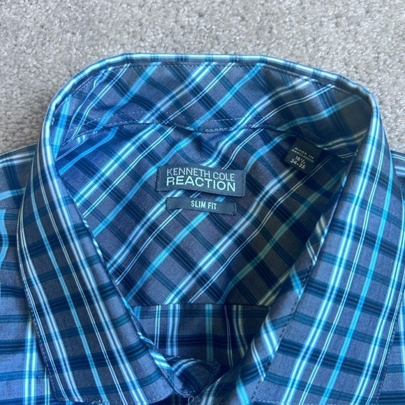 Kenneth Cole Dress Shirt Mens Blue Gray Plaid Non Iron Slim Fit Long Sleeve - Picture 2 of 7